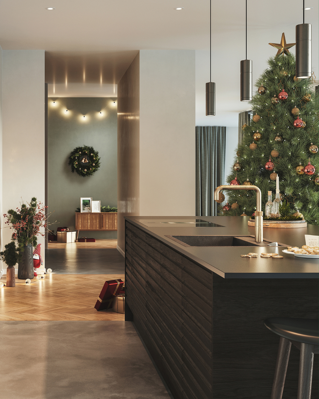 Et lamelkøkken fra DESIGNA med julepynt